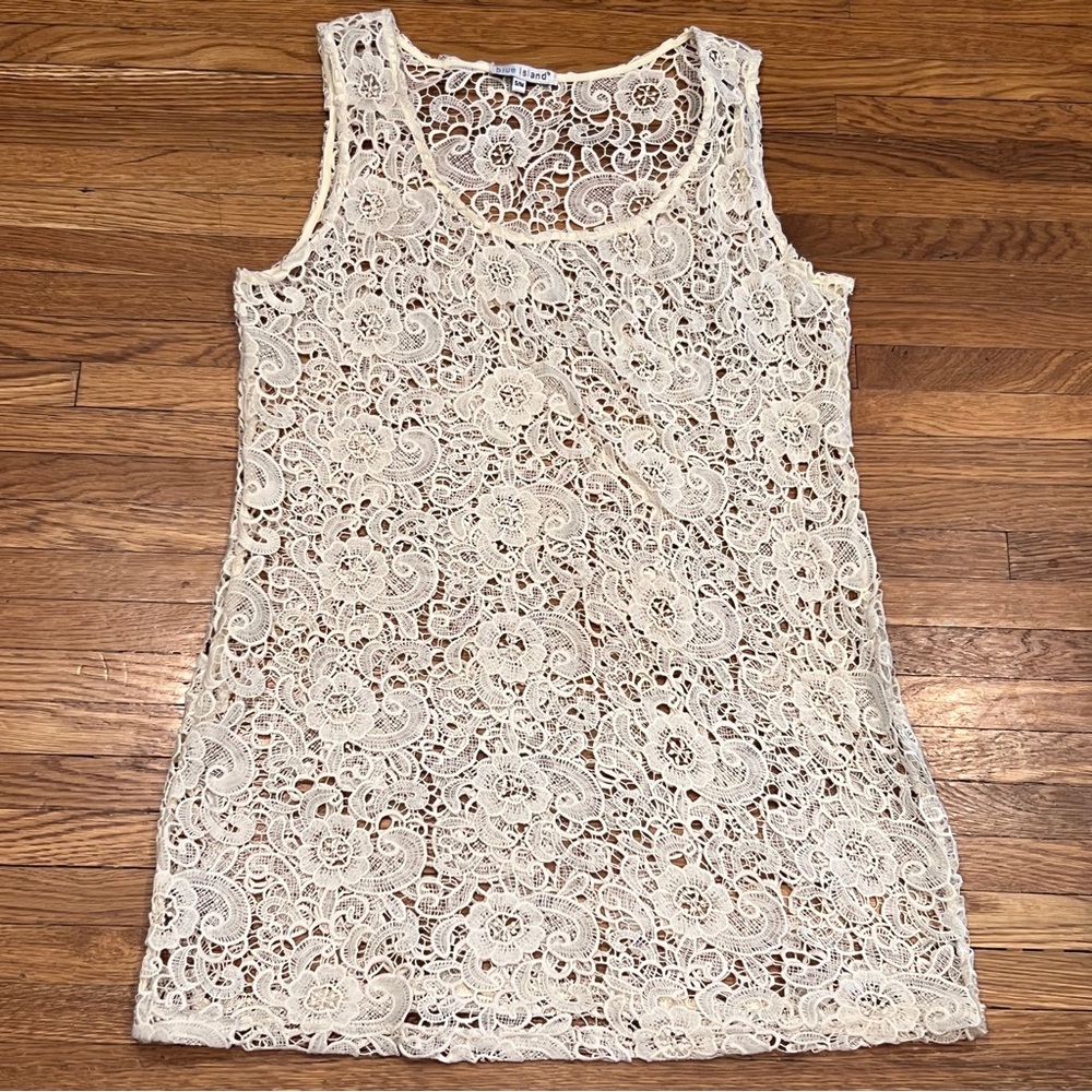 Blue Island Crochet Lace Mini Dress Swimsuit Cover Up Cream Boho | Size: S/M